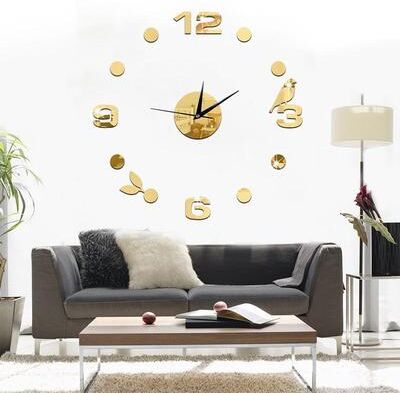 Everyday Crate 3D Bird & Leaf Wall Clock Sticker Modern Decorative Wall Art For Living Room gold