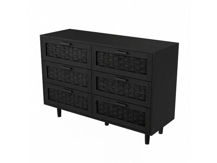 Shopentra Sideboard in Schwarz mit 6 Schubladen & Rattan-Imitation, 40x80x115 cm, Kleinmöbel, Kommoden, Kommoden