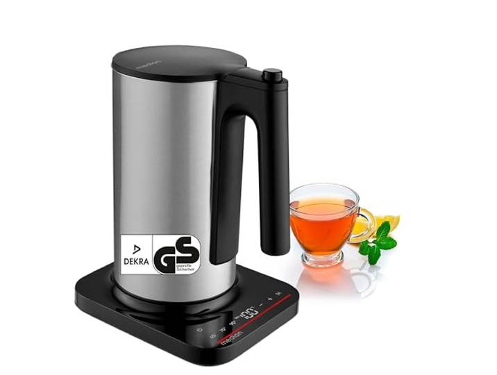 MEDION LIFE Digitaler Wasserkocher MD12106, 2.200 Watt Leistung, 1,5 Liter Kapazität, LED-Display, LED-leuchtbalken, automatische Programme, Kindersicherung silber