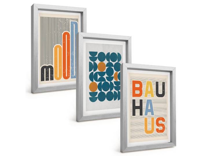 BILDER SET 3er Set - 20x30 cm Silberner Rahmen - Geometrische Muster im Bauhaus-Stil