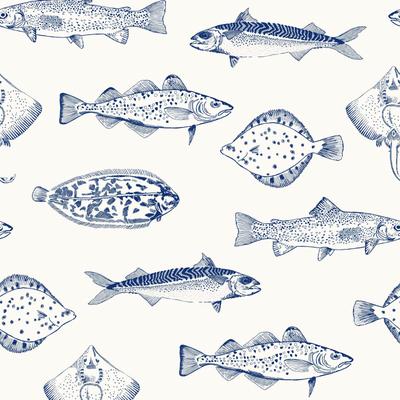 Vliestapete JOULES "Name The Plaice Coast Blue", blau, B:0,52m L:10m, Vlies, Tapeten, animal print