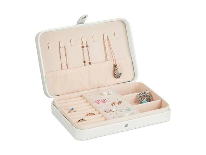 Relaxdays Boîte à bijoux\, système de rangement pratique\, pour bagues et chaînes\, voyages\, HLP 4\,5x21x14\,5 cm\, banche