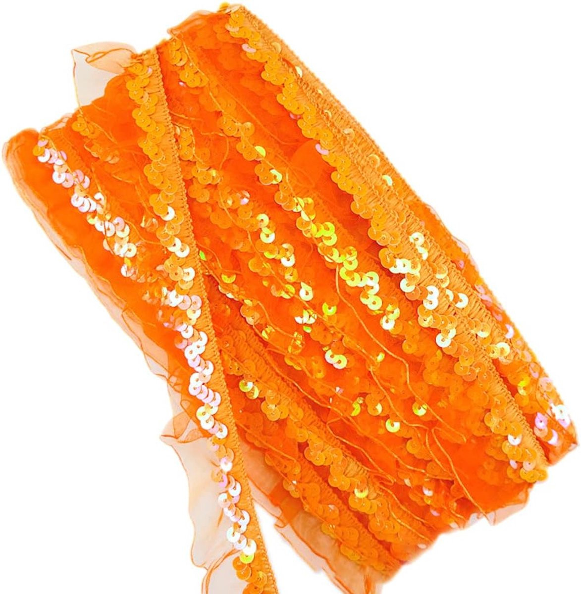 Oranje vintage glitterpailletten organza kantband met ruches voor decoratie en naaiwerk, 12 m