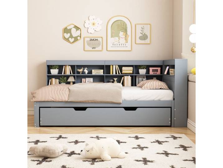 Canapé-lit convertible - HIBA - Lit Convertible 90x200 cm - Bois massif blanc - Matelas inclus - USB intégré