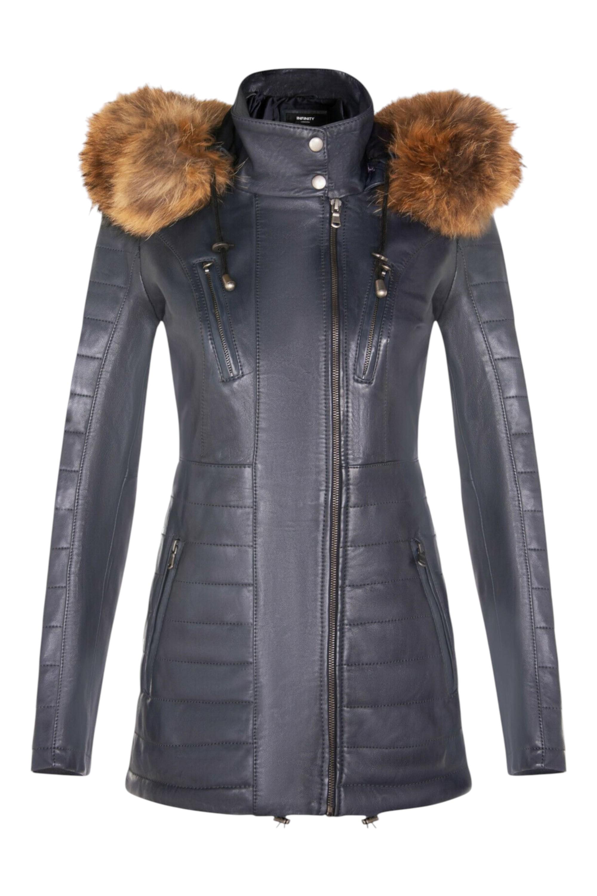 Dames blauwe gewatteerde leren parka-jas - Winton