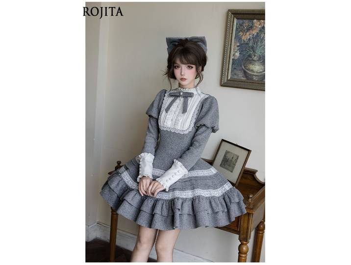 Élégante cape grise à volants OP Twin Winter Lolita, robe courte grise OP + broche + cape + accessoires pour cheveux