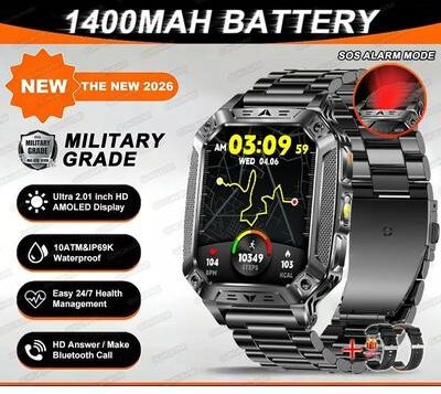 Uplift Essentials "TANK Ultra Military Smart Watch 1400mAh Battery & 2.01"" AMOLED 10ATM Waterproof GPS Tactical SmartWatch black Steel 2a"