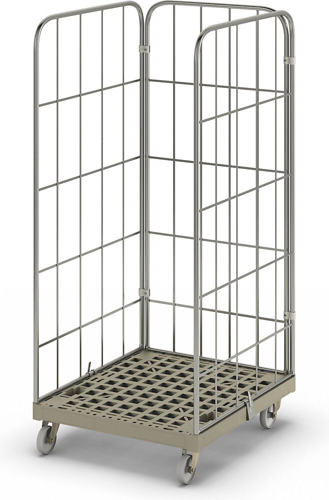 kaiserkraft Rollbehälter MODULAR, Kunststoff-Rollplatte, Gitter 3-seitig, Platte grau