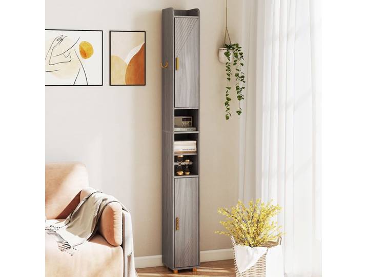 GOPLUS Colonne pour Salle de Bain Haut et Étroit avec 2 Portes Étagère Réglable sur 3 Niveaux Gris