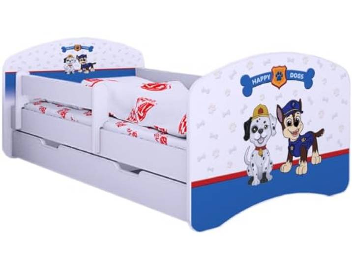 BDW Kinderbett Super Hunde - Babybett mit Matratze und Schublade - Bequem und Langlebig Rausfallschutz Bett - Kinderzimmer - Weiß (160x80)