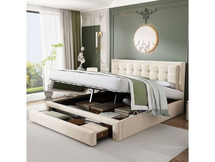Lit coffre 180x200 cm lit double avec tiroirs lit rembourré Beige Beige O.Ye Beige LIT COMPLET