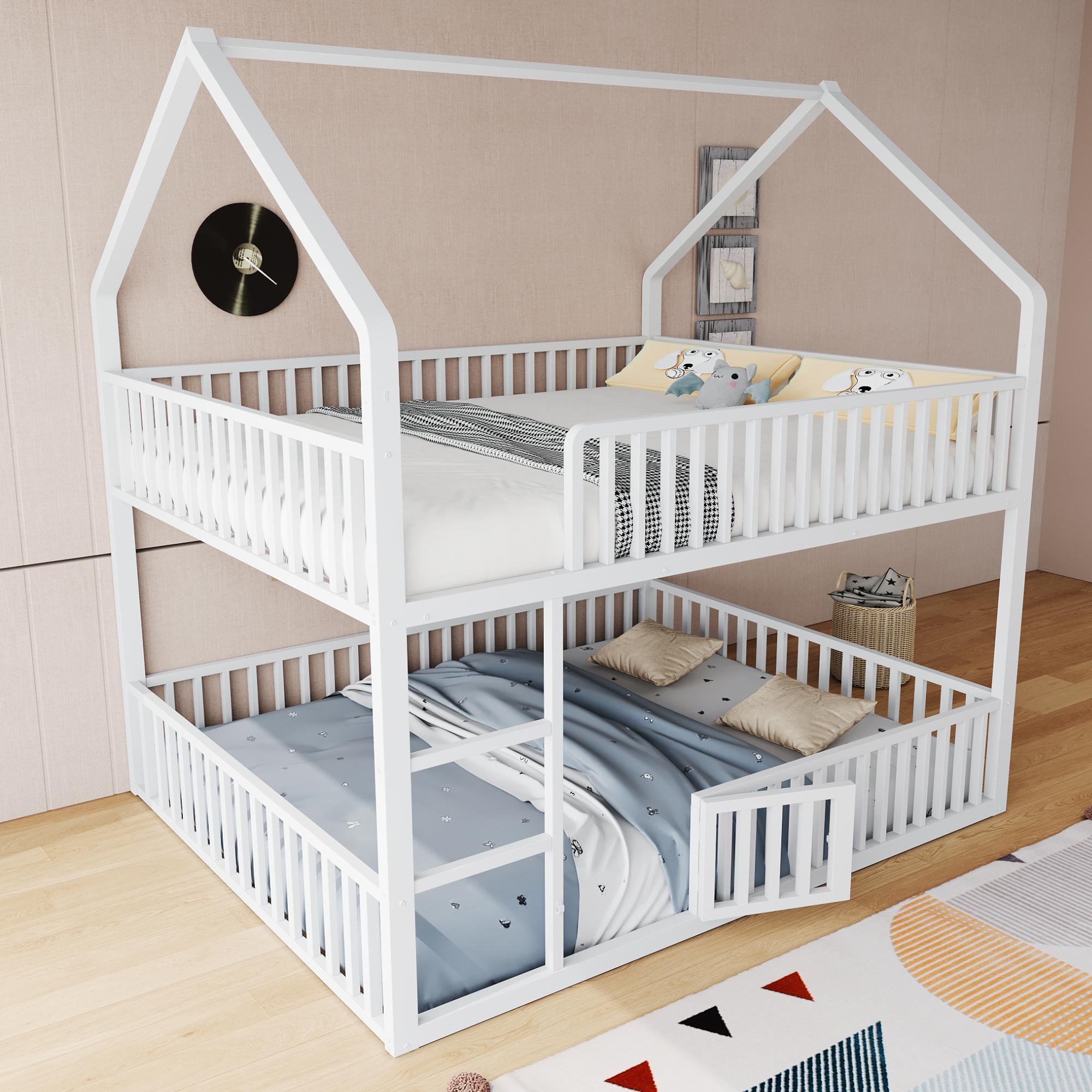 okwish Etagenbett 140×200 Kinderbett mit zwei Matratze,Stockbett mit Treppe und Loft-Design,Unteres Bett mit Tür,Jugendbett mit Rundum-Sicherheitsgeländer,Weiß