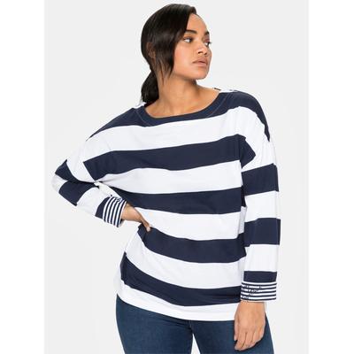 Langarmshirt SHEEGO "Langarmshirt", Damen, Gr. 48/50, blau (marine), 100% Baumwolle, gemustert, gestreift, mehrfarbig, U-Boot-Ausschnitt, Shirts Langarmshirt