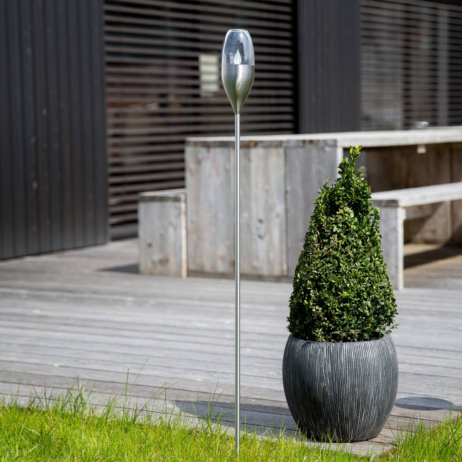 Lindby LED solar light Jari, height 122 cm, stainless steel, clear JARI, Alu / grey / zinc, Stainless steel, Modern, outdoor solar lights