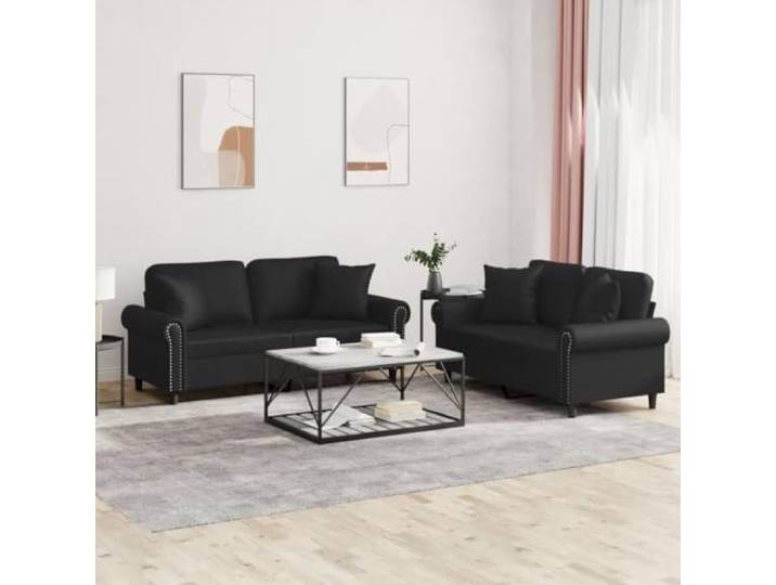 HEFZGDB 2-TLG. Sofagarnitur mit Kissen Schwarz Kunstleder Langlebig Bequem Polsterung Schmutzabweisend Robustes Gestell Stabiles Metall Sofa Set Wohnzimmer Möbel