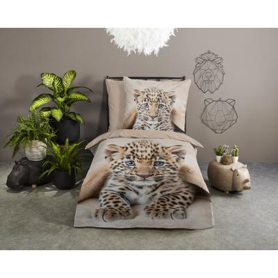 Kinderbettwäsche GOOD MORNING "Simo", beige (sand), B/L: 135cm x 200cm, 1 Stk., 1 Stk., Renforcé, B/L: 80cm x 80cm, 2 Stk., Renforcé, Obermaterial: 100% Baumwolle, Bettwäsche, Baumwolle, Renforcé, Wendeoptik, Kind, Tiger, Welpe
