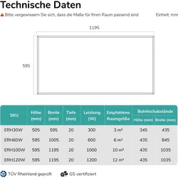 Emke Infrarot-Heizpaneel Weiss, mit Rahmen, inkl. WLAN-Steckthermostat, 120×60cm 1000W, Heizkörper, Weiss