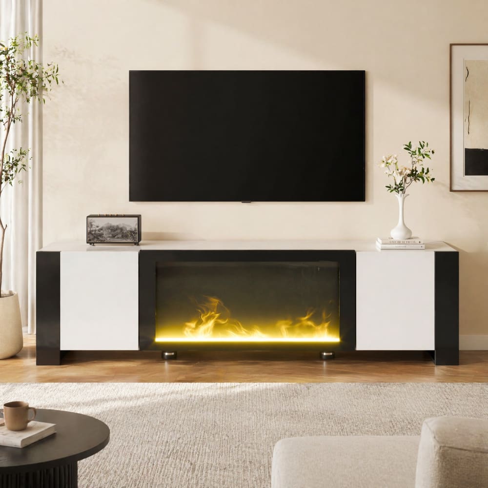 REDOM Meuble tv en panneau de particules avec cheminée électrique 165 cm Blanc 165x55x32cm