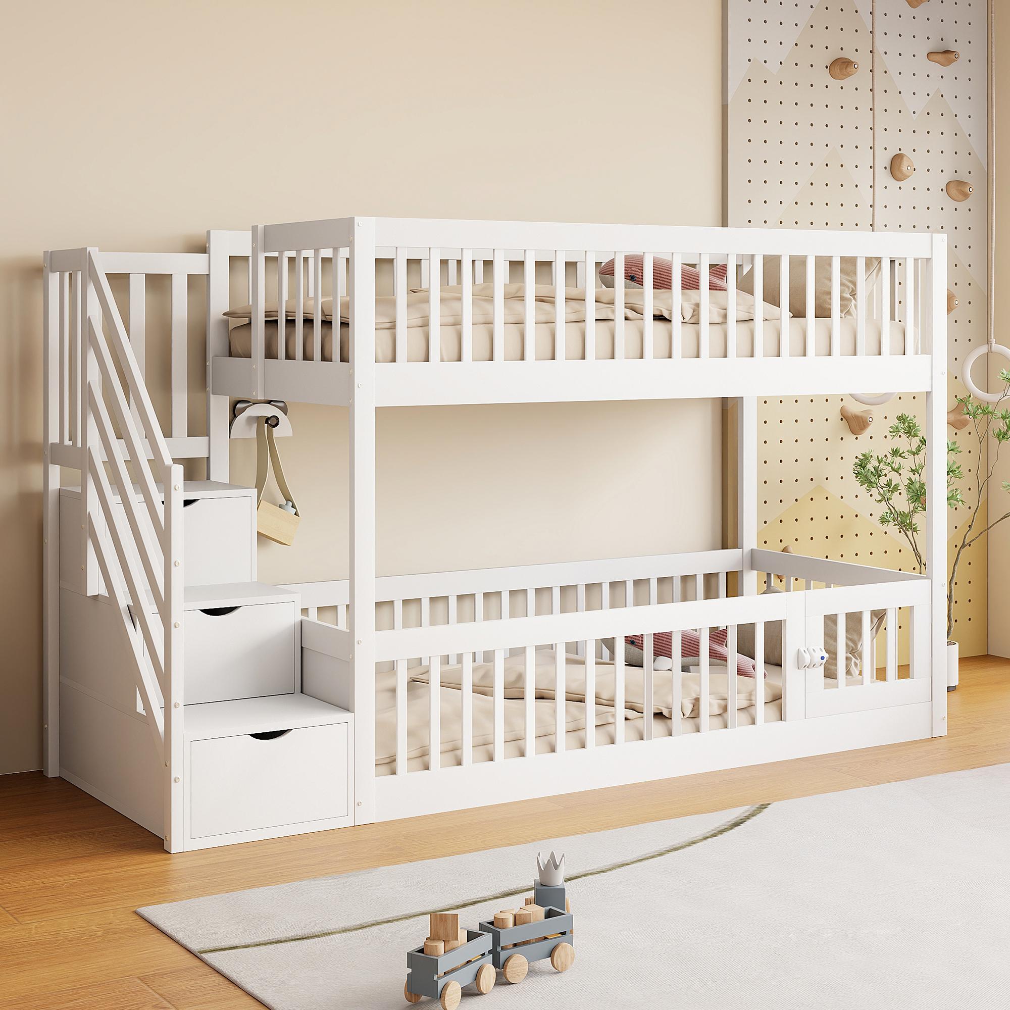 Sweiko Etagenbett 90x200 Kinderbett mit Sicherheitstreppe und Schubladen, weißes Holzeinzelbett mit Stauraumbett für Kinder, Jugendliche