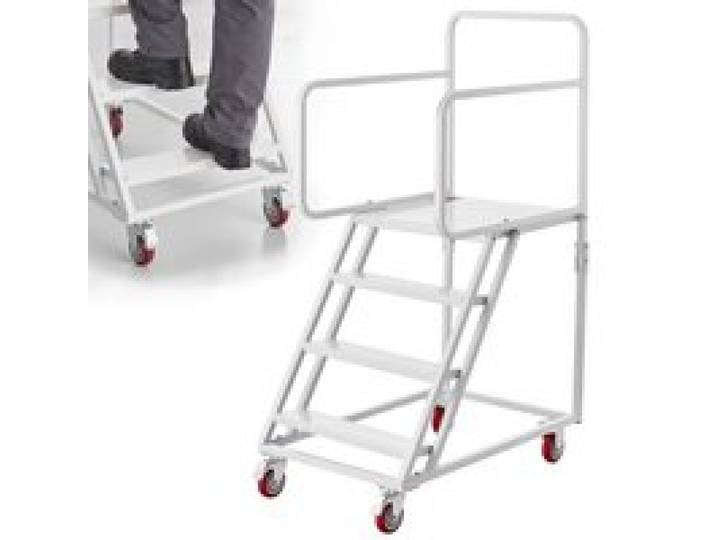 VEVOR 4-Stufige Rolltreppe Mobile Lagertreppe Lagerleiter 400kg Tragkraft, Rollleiter für Lager Werkstatt Supermarkt & Bibliothek, Stahlkonstruktion, mit Handläufen, Rutschfesten Pedalen & Bremsrollen