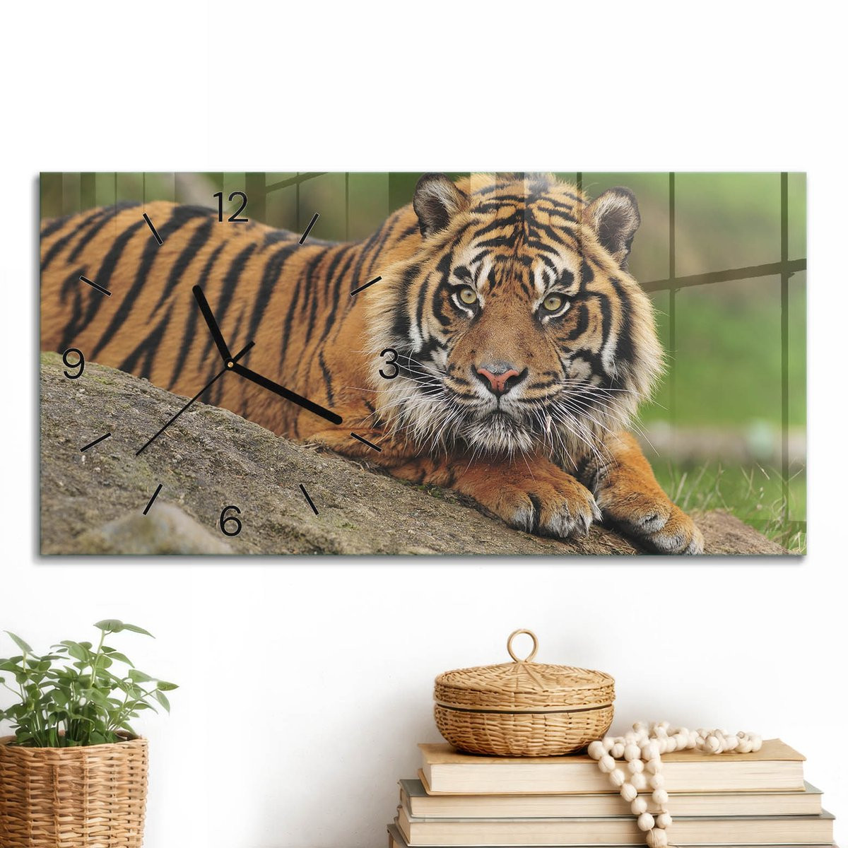 ArtPrintCave Oranje Glazen Wandklok met Tijger Natuurprint - B: 60 cm, H: 30 cm - Analoge Rechthoekige Keukenklok met Zwarte Wijzers