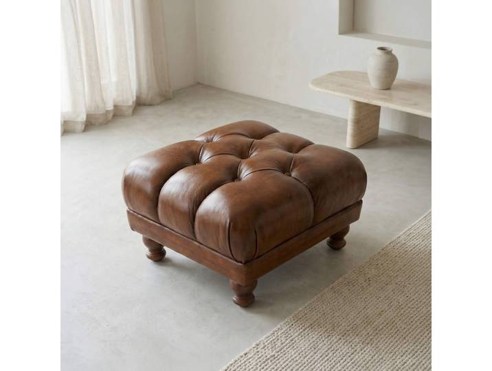 Pouf capitonné en cuir véritable marron
