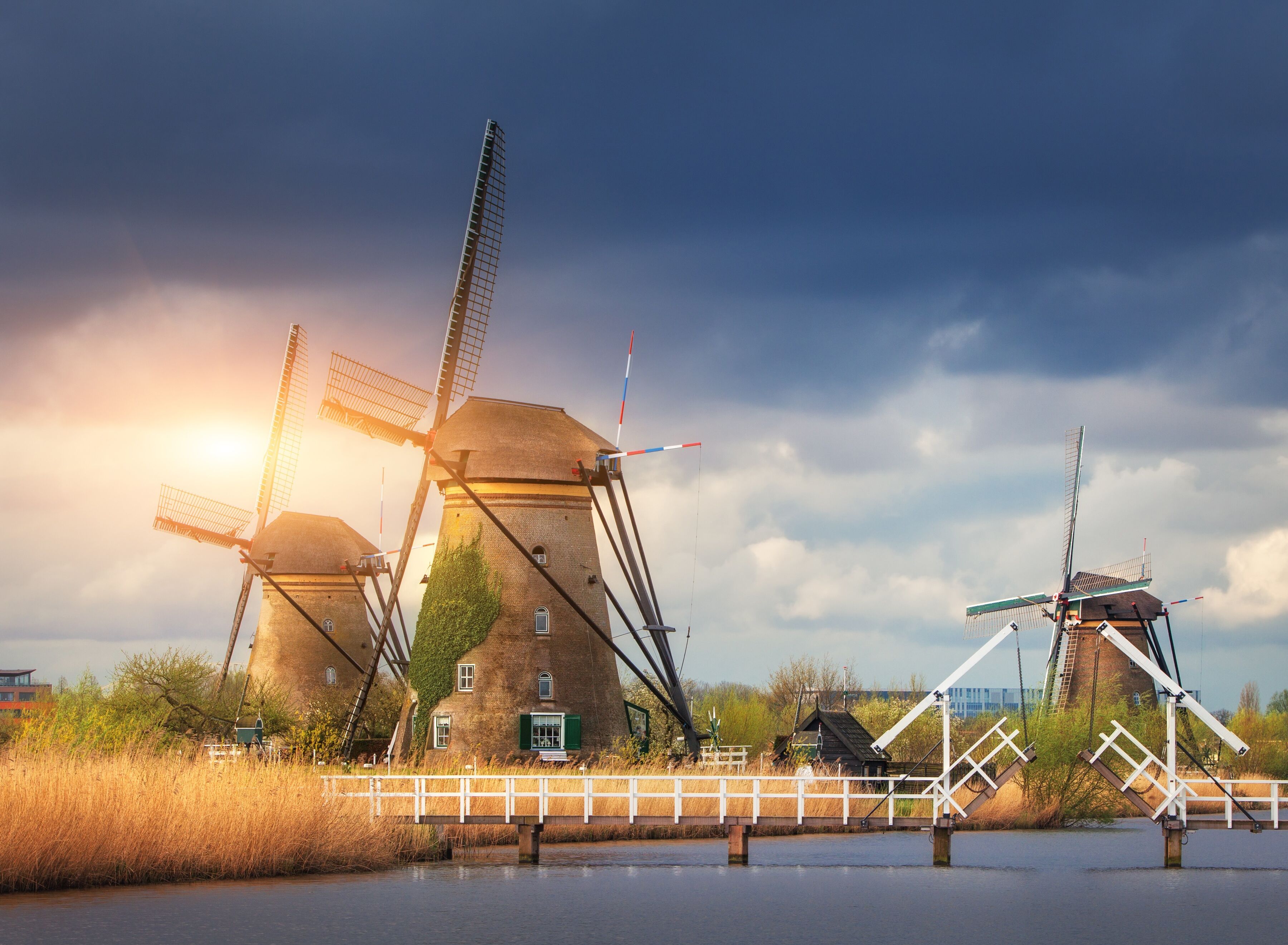 Fototapete PAPERMOON "Windmills Kinderdijk Sunset", bunt, B:3,5m L:2,6m, Vlies, Tapeten, Fototapete