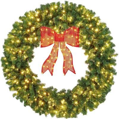 YUN Artificial Christmas Wreath with Bow and Pre Lit Lights for Indoor Outdoor Holiday Decor