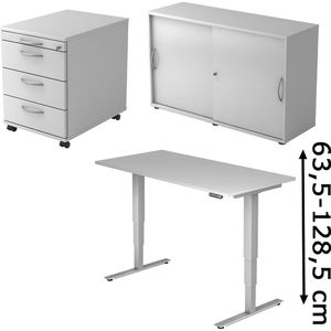 Hammerbacher Büromöbel-Set X-Serie, lichtgrau, Schreibtisch, Rollcontainer & Schrank, ahorn
