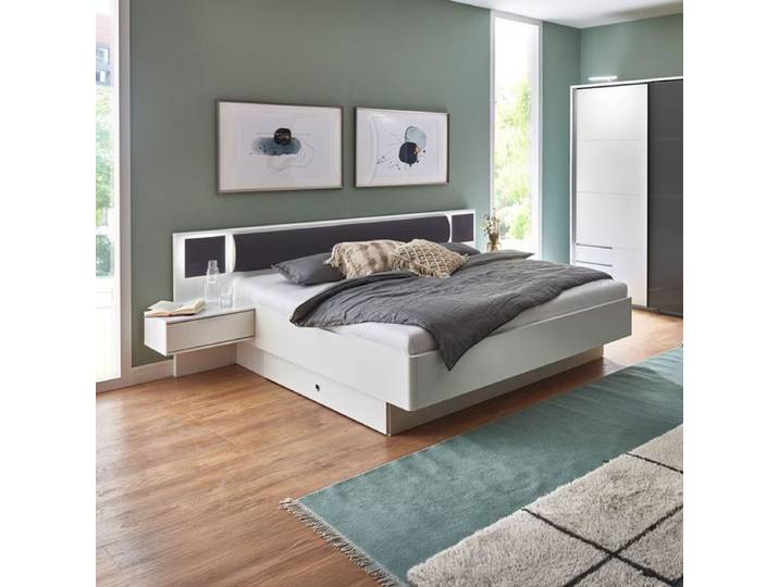 Bett Malira Komfort mit Nachttischen, Beleuchtung und Schubkasten 180x200cm Weiß modern, Mit höhenverstellbar