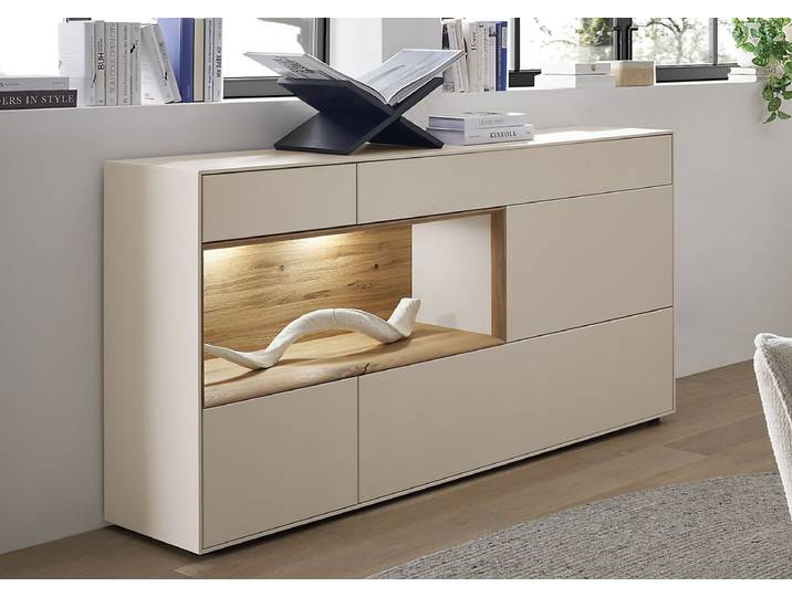 Sideboard 166x86cm 'Locarno' Wildeiche massiv & MDF creme inkl.Beleuchtung