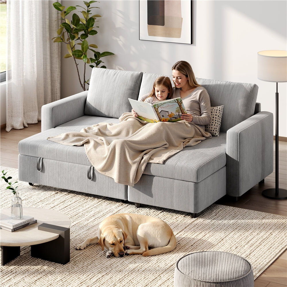 Moda Form 3-Seater L-Shaped Sofa Bed, Convertible Corner Sofa with Reversible Chaise & Pull Out Trundle Bed for Small Living Rooms, Apartments Light Grey/Corduroy 83cm H X 211cm W X 146cm D