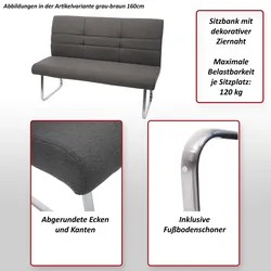 Set 2x Esszimmerstuhl+Sitzbank HWC-G55, Bank Küchenstuhl Stuhl+Armlehne, Stoff/Textil Edelstahl ~ grau-braun Bank 160cm