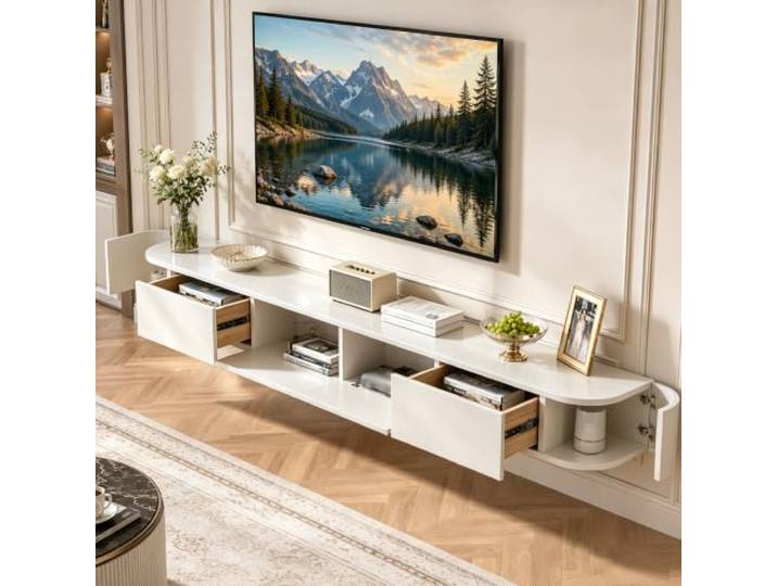 DSMRLEOP Vormontierte, schwebende TV-Einheit mit Schubladen, wandmontierter TV-Schrank aus Holz, moderne schwebende Medienkonsole mit großem Stauraum, platzsparende TV-Bank unter dem Fernseher für