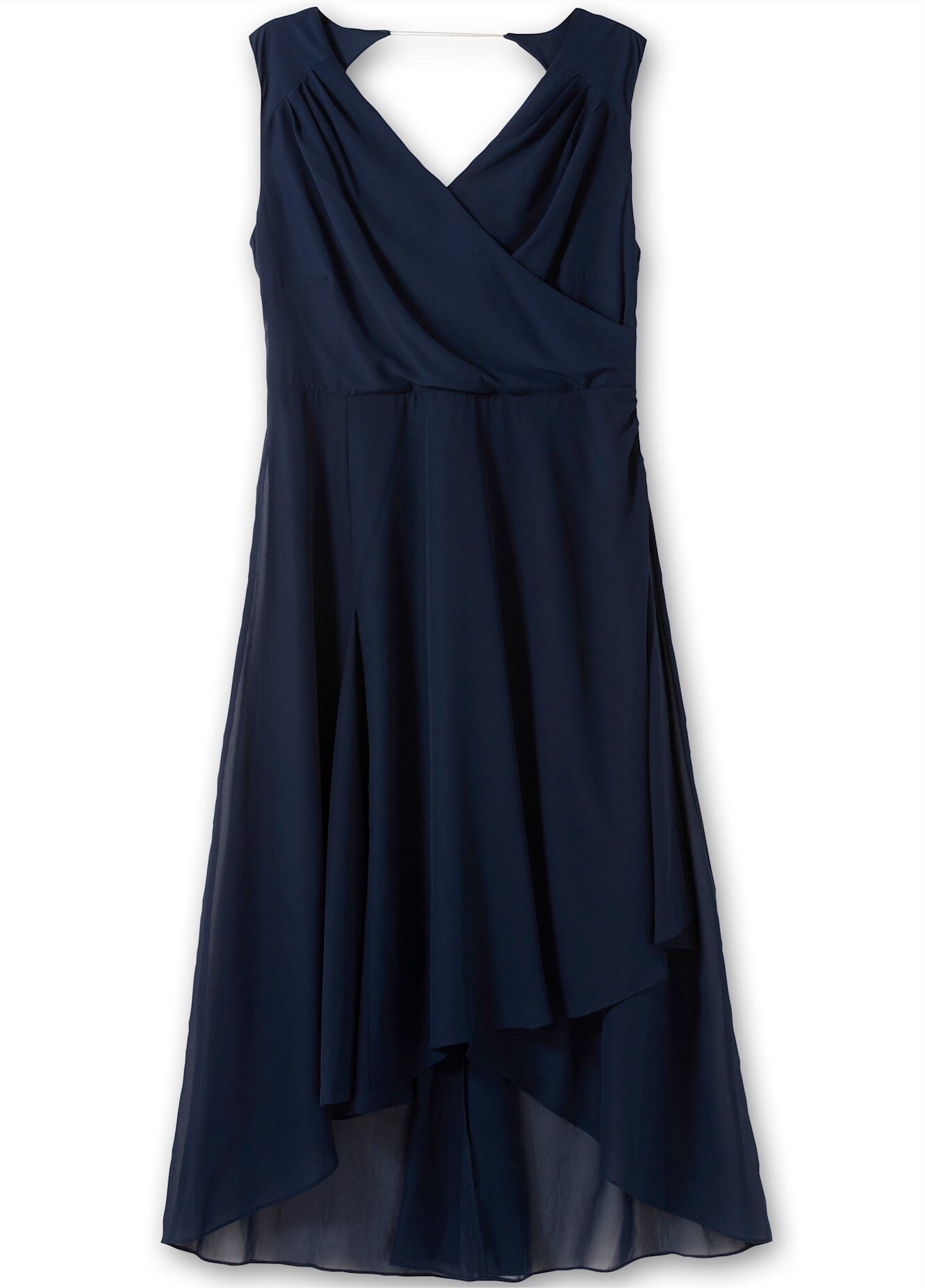Abendkleid SHEEGO "Abendkleid", Damen, Gr. 56, Normalgrössen, ohne Ärmel, Chiffon, blau (marine), Chiffon, 100% Polyester, unifarben, lang, V-Ausschnitt, Kleider Abendkleid marine 56, Normalgrössen, ohne Ärmel, Chiffon