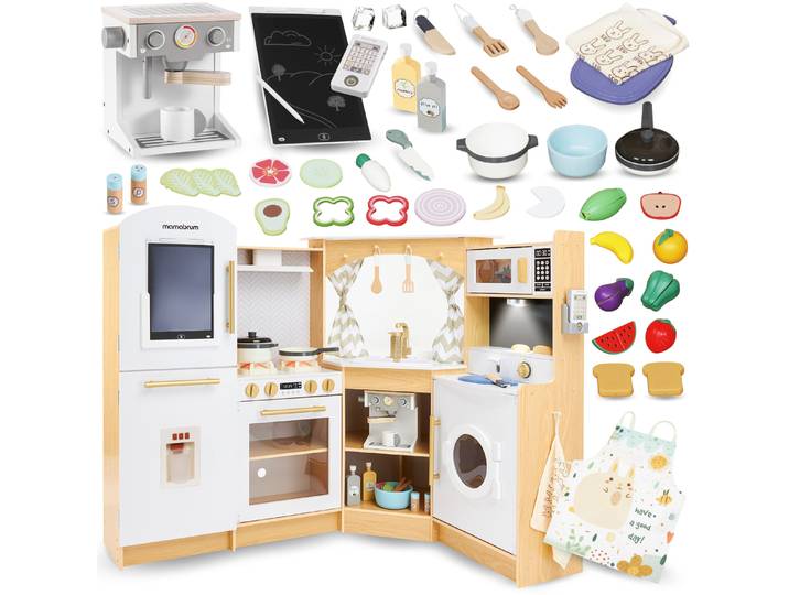 Mamabrum Grand Ensemble de Cuisine Interactif en Bois XXL 50 El Led pour Enfants, Jouet Éducatif Montessori, Jeu de Rôle 3+