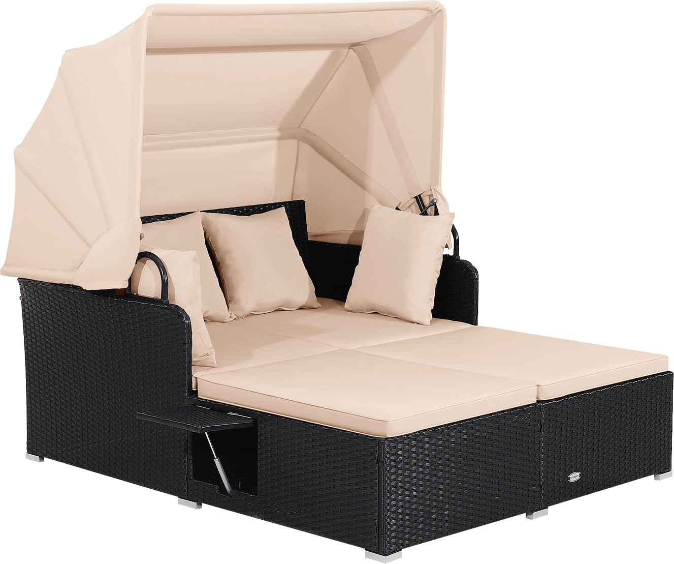 COSTWAY Sonnenliege Rattan für 2 Personen, Gartenliege mit Dach, Auflage, Kissen & ausklappbaren Seitentischen, Doppelliege Sonnenbett Loungebett Gelblich