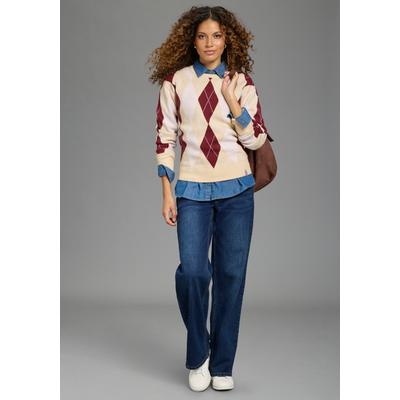 Strickpullover KANGAROOS, Damen, Gr. 40/42, beige (natur, bordeaux), Obermaterial: 50% Viskose, 28% Polyester, 22% Polyamid, Rautenmuster, normal, Pullover Strickpullover, mit Rautenmuster, aus Viskose und Polyamid, Argyle