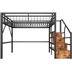 STILVORA Hochbett aus Metall/MDF, Schwarz, 140x200 cm, gewerblich geeignet, LED, Stauraumtreppe