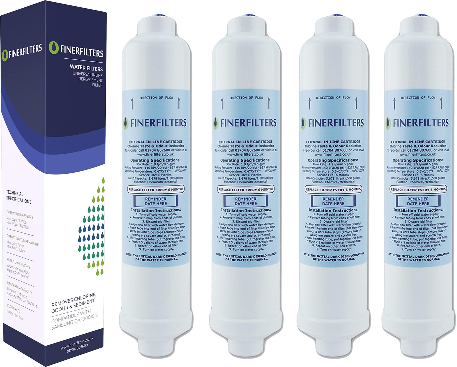 Dripio 4-delige set externe inline koelkastwaterfilters met een levensduur van 6 maanden