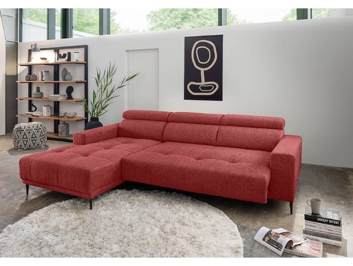 Ecksofa mit Sitztiefenverstellung Rot Webstoff Jimin 276 x 95 x 188cm Longchair davorstehend links Modern
