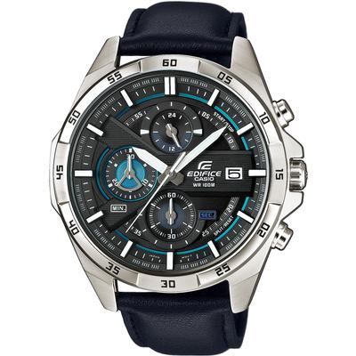 Chronograph CASIO EDIFICE, schwarz (blau, schwarz), Armbanduhren, Herren, Chronograph, Quarzuhr, Armbanduhr, Herrenuhr, Stoppfunktion, Datum, Lederarmband