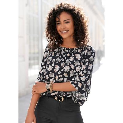 Carmenbluse LASCANA "mit Alloverdruck aus gewebter Viskose", Damen, Gr. 40, schwarz (schwarz, bedruckt), Web, Obermaterial: 100% Viskose, bedruckt, figurumspielend hüftlang, Carmenausschnitt, Volant, Blusen, schulterfreie Damenbluse, Volantbluse,...