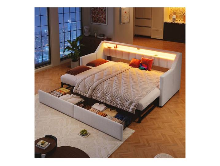 OKWISH Schlafsofa Polsterbett, mit LED & USB/Type-C, Ausziehbares Schlafsofa mit Schubladen, Kinderbett Funktionsbett 90x200cm/180x200 cm, ohne Matratze