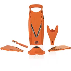 Börner V5 PowerLine Plus Set Gemüsehobel, Obst- & Gemüseschneider mit Fruchthalter, Scheibeneinschub, Sparschäler, 10 Schnittarten, 6 tlg. Set, Orange
