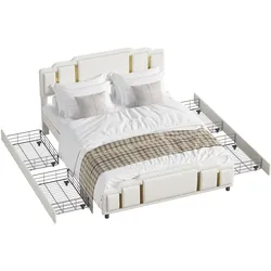 STILVORA Polsterbett Samt Beige 160x200 cm mit 4 Schubladen, LED-Beleuchtung und Edelstahl-Zierleisten