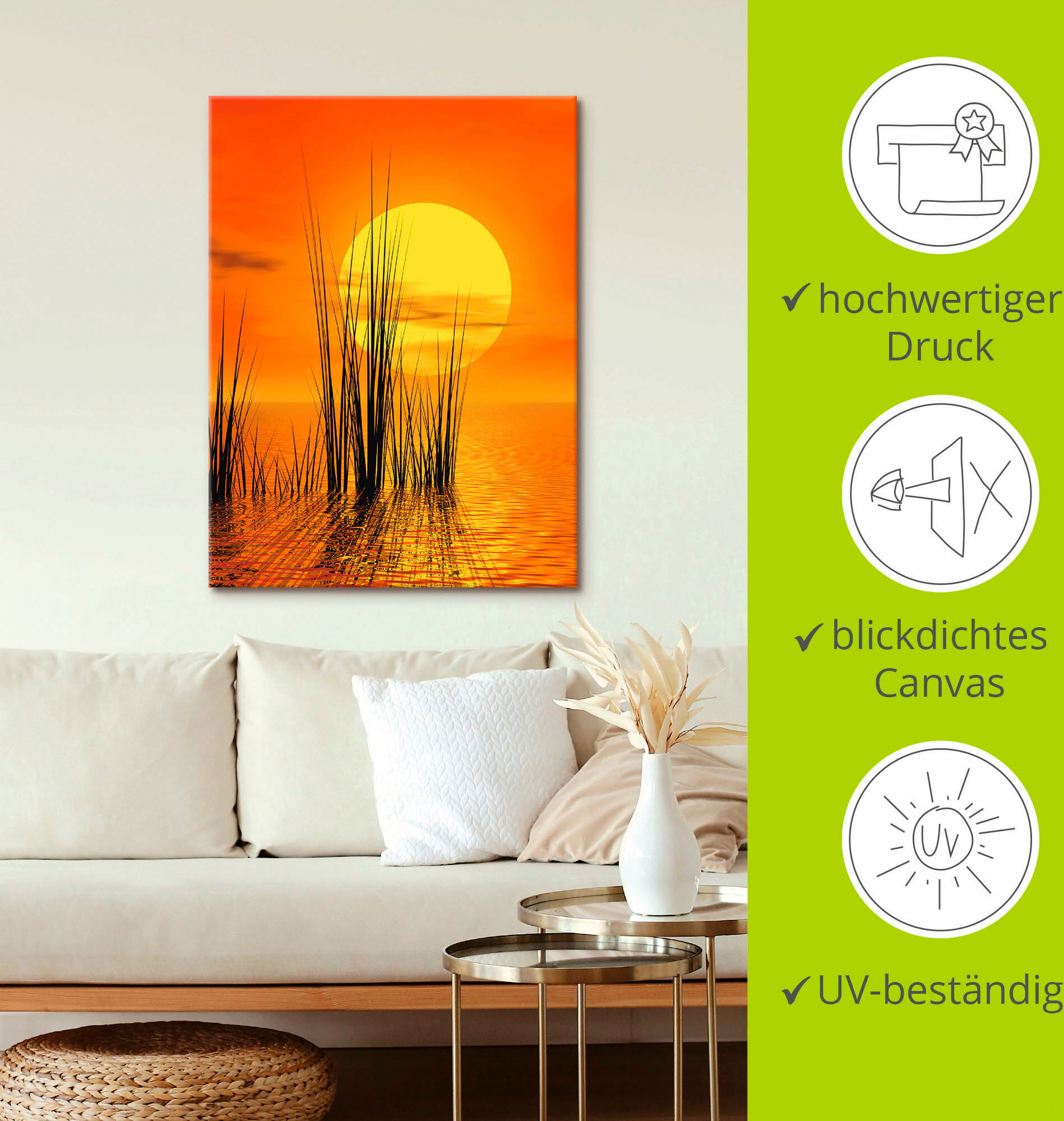 Leinwandbild ARTLAND "Sonnenuntergang mit Schilf", orange (farbe bild(er): orange), B:45cm H:60cm, Bilder, Leinwandbild, auf Holzrahmen gespannt farbe bild(er): orange B/H/T: 45cm x 60cm, Leinwandbild Sonnenaufgang & -untergang, 1 Stk.