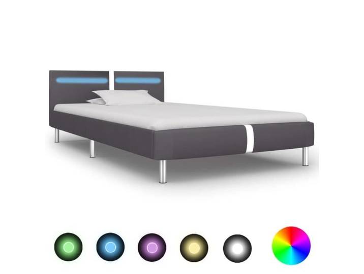 Lit simple OVONNI - Cadre contemporain avec LED - Gris Similicuir - 90x200 cm