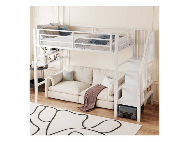 Ulife Hochbett Kinderbett Jugendbett, Einlegeböden, Stauraumleiter, 90x200cm (Ohne Matratze) Freiraum unter dem Bett zum Verkleiden