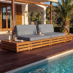 Garten-Garnitur MCW-L28, Lounge-Set Sitzgruppe Lounge-Sessel Sofa, Spun Poly Akazie Holz MVG ~ Polster dunkelgrau